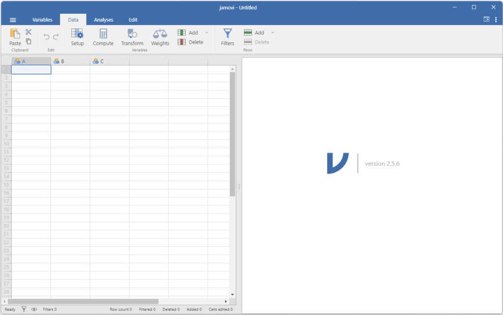 The jamovi user interface. One the left is a spreadsheet on the right is a blank white panel. Along the top is the data menu panel.