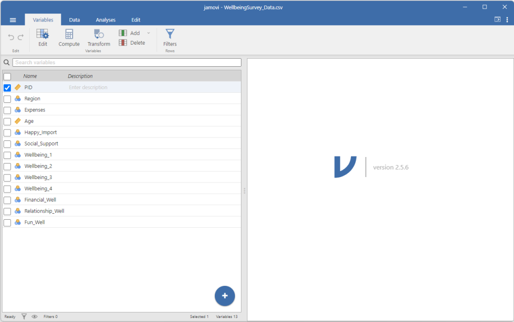 Jamovi in variable view. In the left panel there is a list of variables included in the Well-being dataset. There is also a place next to each variable name for a description.