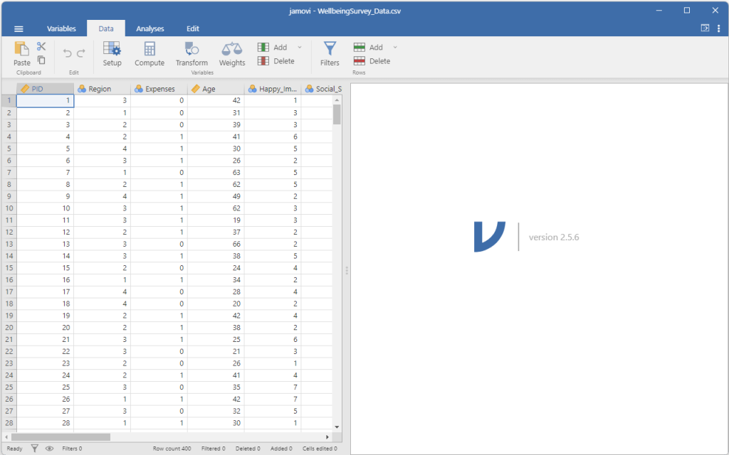 Jamovi in data view. The left panel is a spread sheet. Along the top of the spreadsheet at the top of each column are the names of the variable in the Well-being dataset. Each of the cells of the spreadsheet contains a number.