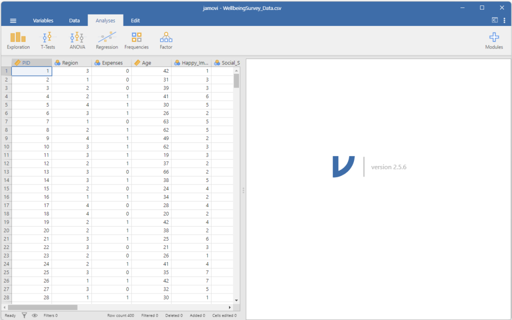 Jamovi in analysis view. The top ribbon has menus for exploration, t-test, ANOVA, regression, frequencies, and factor.