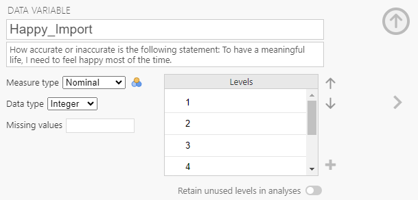 Jamovi variable editing window. The variable name is Happy_Import and the description reads: How accurate or inaccurate is the following statement: To have a meaningful life, I need to feel happy most of the time.