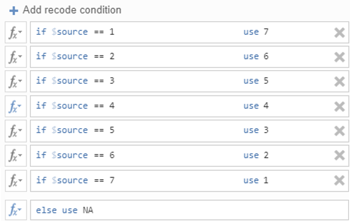 Seven if $source statements: 1) if $source == 1 use 7 2) if $source == 2 use 6 3) if $source == 3 use 5 4) if $source == 4 use 4 5) if $source == 5 use 3 6) if $source == 6 use 2 7) if $source == 7 use 1. One else use statement that says else use NA