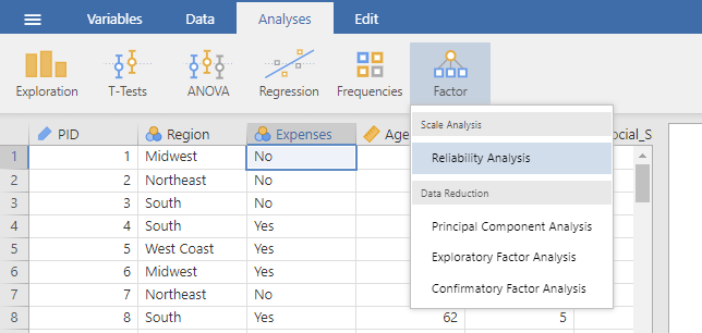 Jamovi in the analysis view. The "factor" menu is selected and the "Reliability Analysis" option is highlighted