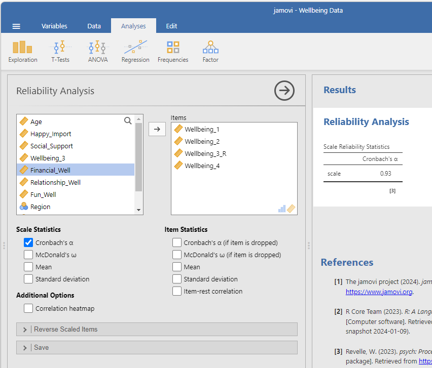 Reliability analysis menu on the left and results on the right. In the reliability analysis menu is list of variables in the dataset. Next to the list is a window with the label Items. In the items window are four variables: Wellbeing_1, Wellbeing_2, Wellbeing_3_R, Wellbeing_4. Under scale statistics, Cronbach's alpha is selected. In the results window, Cronbach's alpha = 0.93.