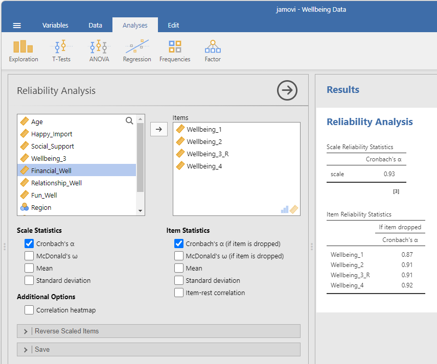 Same image as previously, but now Cronbach’s α (if item is dropped) is selected. In the results there is a new table called item reliability statistics. Next to each item is the "if item is dropped Cronbach’s α". Wellbeing_1 0.87. Wellbeing_2 0.91. Wellbeing_3_R 0.91. Wellbeing_4 0.92.