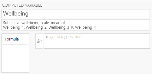 Computed variable menu. The variable name is Wellbeing. The description says: Subjective well-being scale, mean of Wellbeing_1, Wellbeing_2, Wellbeing_3_R, Wellbeing_4.