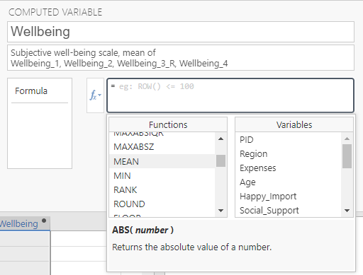 Computed variable menu. The function menu is expanded and mean is highlighted under functions.