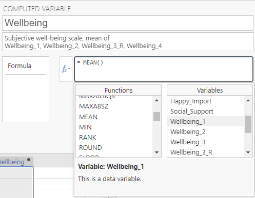 Computed variable menu. The function menu is expanded and Wellbeing_1 is highlighted under variables.