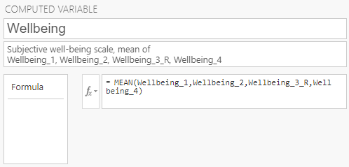 Computed variable menu. In the formula box it says: MEAN(Wellbeing_1,Wellbeing_2,Wellbeing_3_R,Wellbeing_4)