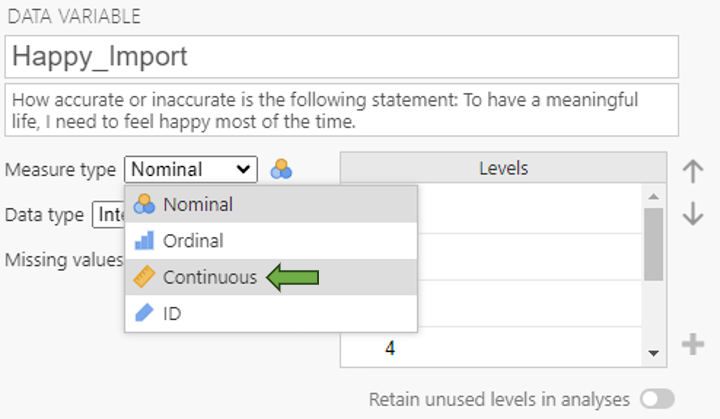 Jamovi variable editing window. The variable name is Happy_Import. Under Measure type, a green arrow is pointing to Continuous.