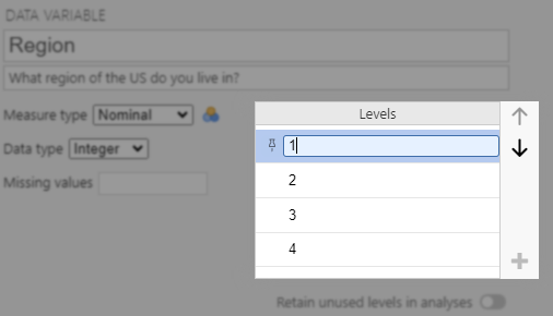 Jamovi variable editing window. The variable name is Region. The cursor is next to the 1 under Levels.