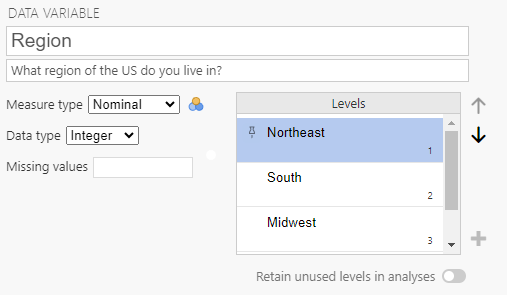 Jamovi variable editing window. The variable name is Region. Under levels the response options are now labeled: Northeast (1), South (2), Midwest (3), West Coast (4)