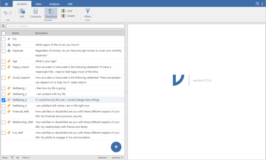 Jamovi file in variable view with Wellbing_3 selected and the transform button highlighted.