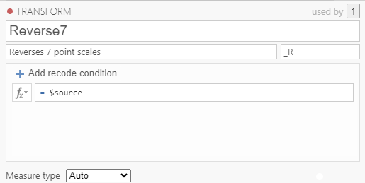 Transform rule menu. The name of transformation rule is Reverse7. The description is Reverses 7 point scales. The suffix box has _R.