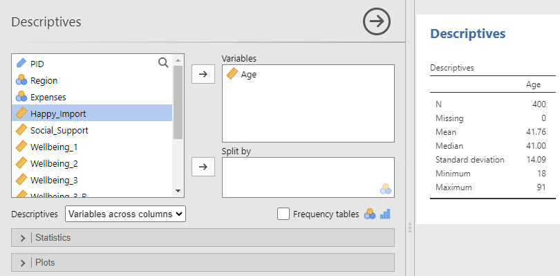 Descriptives analysis menu. The variables in the data set are listed in a window on the left. On the top right is a window labeled Variables with the variable Age in it. Also shown is the results of the analysis, a table with N = 400, Missing = 0, Mean = 41.76, Median = 41.00, Standard Deviation = 14.09, Minimum = 18, Maximum = 19