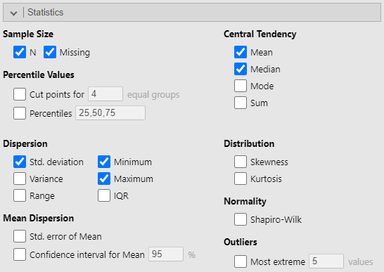 Statistics sub-menu of the Descriptives menu