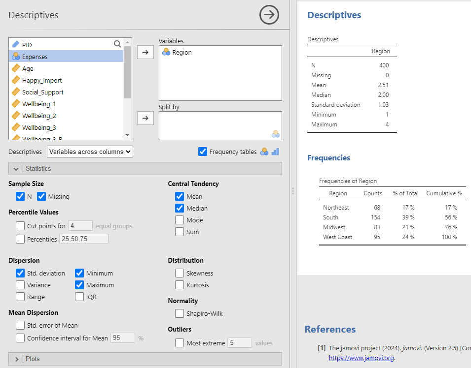 Descriptive menu with the variable Region in the window labeled Variables. The statistics sub menu is expanded and shows the default statistics that jamovi provides: N, Missing, Mean, Median, Std. Deviation, Minimum and Maximum. These option should be unchecked for nominal variables.