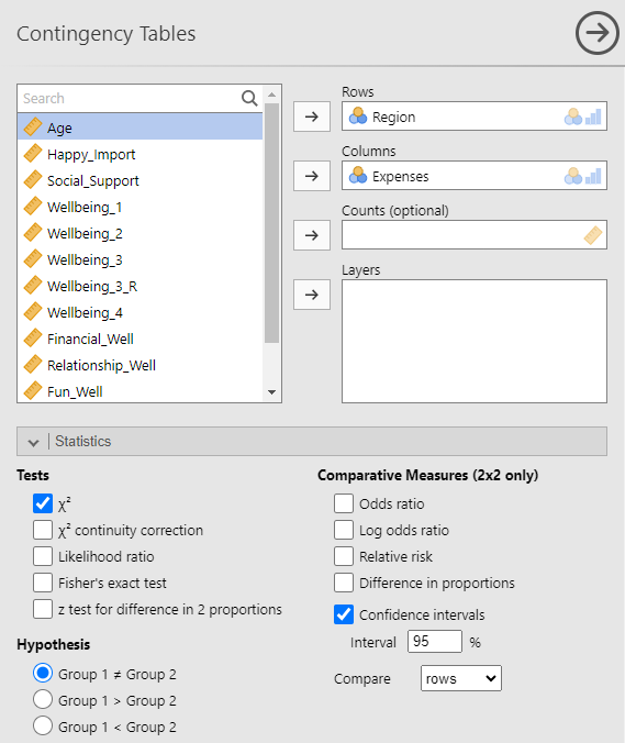 Contingency Tables analysis menu. The variables in the data set are listed in a window on the left. On the top right is a window labeled Rows with the variable Region in it. Below the Rows window is a window labeled Columns with the variable Expenses in it. Under the Statistics sub-menu, under Tests is the option to uncheck chi squared.