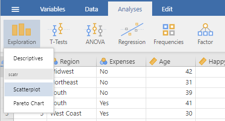 Jamovi in the analysis view. The "Exploration" menu is selected and the "Scatterplot" option is highlighted