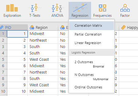 Jamovi in the analysis view. The "Regression" menu is selected and the "Correlation Martix" option is highlighted