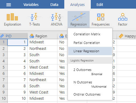 Jamovi in the analysis view. The "Regression" menu is selected and the "Linear Regression" option is highlighted