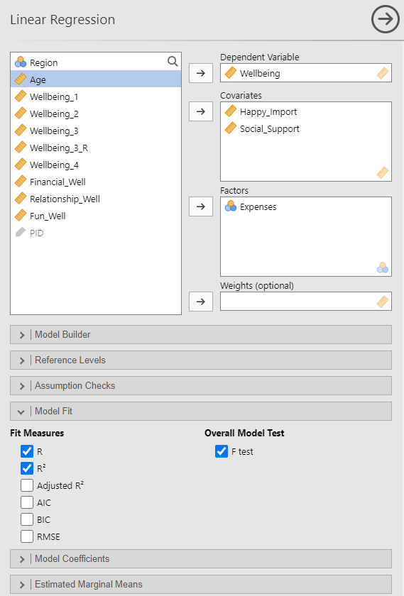 Linear regression menu. The variable Wellbeing is in the Dependent Variable window. The variables Happy_Import and Social_Support are in the Covariates window. The variable Expenses is in the Factors window. The Model Fit sub-menu is expanded and under Fit measures R and R-squared are selected and under Overall Model Test F test is selected.