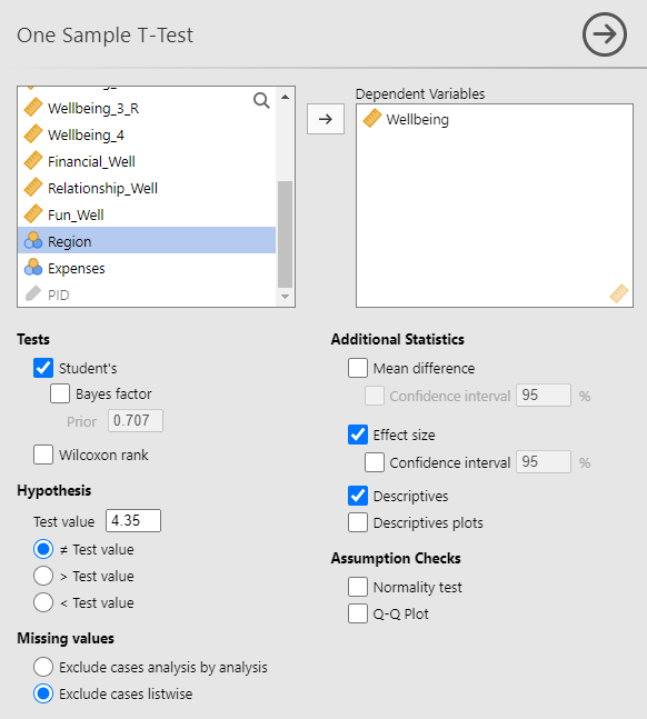 One sample t-test menu. The variable Wellbing is in the Dependent Variables window. Under Tests, Student's is checked. Under Hypothesis in the Test value box is 4.35 and does not equal test value is selected. Under Additional Statistics, Effect size is checked and Descriptives is checked.