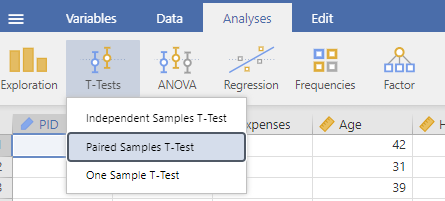 Jamovi in the analysis view. The "T-Tests" menu is selected and the "Paired Samples T-Test" option is highlighted.