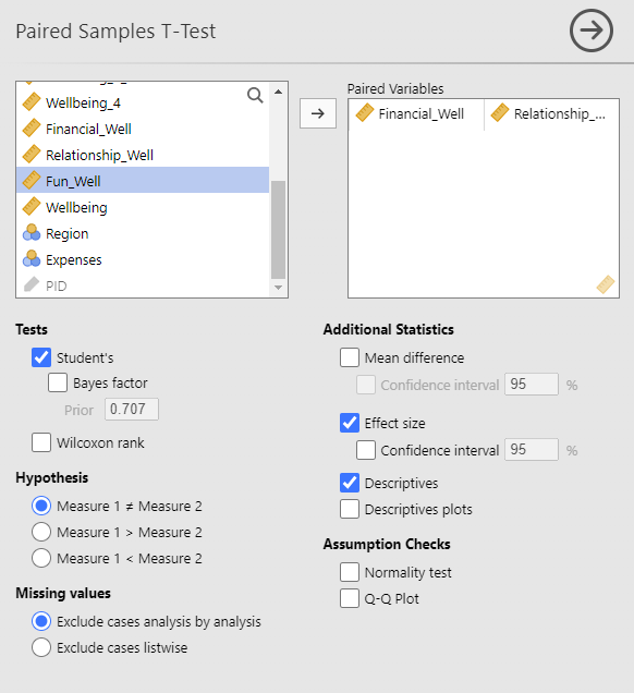 Paired samples t-test menu. The variables Financial_Well and Relationship_Well are in the Paired Variables window. Under Tests Student's is checked. Under Hypothesis Group 1 does not equal Group 2 is selected. Under Missing Variables, Exclude cases analysis by analysis is selected. Under Additional Statistics, Effect size is checked and Descriptives is checked.