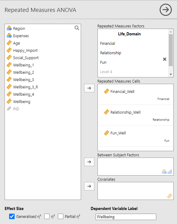 Repeated Measures ANOVA menu. The Repeated Measures Cells window now contains the three variables Financial_Well, Relationship_Well, and Fun_Well. In the Dependent Variable Label textbox is "Wellbeing". Under Effect Size, Generalised eta squared is selected.