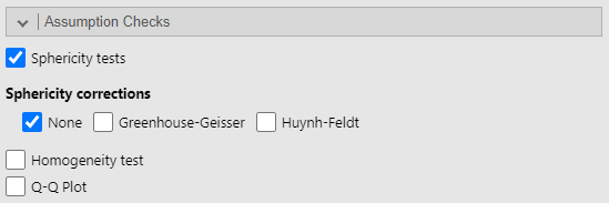 Assumption Checks sub-menu of the Repeated Measures ANOVA. Sphericity tests is selected.