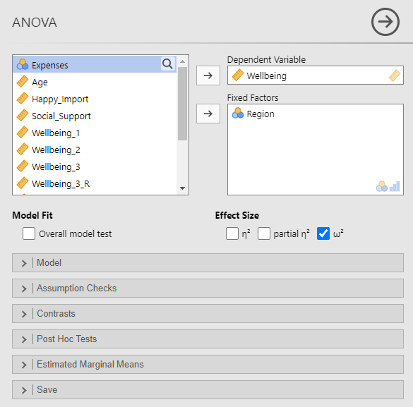 ANOVA menu. The variable Wellbeing is in the Dependent Variables window. The variable Region is in the Fixed Factors window. Under Effect Size, ω squared is checked.