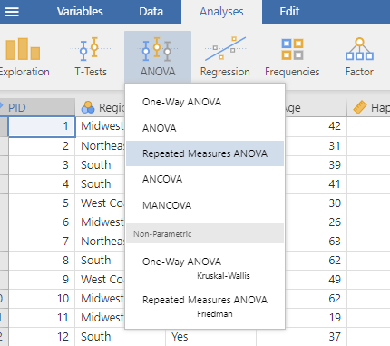 Jamovi in the analysis view. The "ANOVA" menu is selected and the "Repeated Measures ANOVA" option is highlighted.