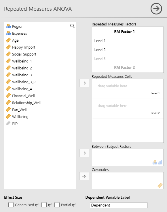 Repeated Measures ANOVA menu. One the left is a list of variables in the dataset. On the right top is a Repeated Measures Factors window with "RM Factor 1" in bold and "Level 1", "Level 2", and "Level 3" below it. The second window on the right is Repeated Measures Cells and in gray below it are boxes that read "drag variable here" and are labeled "Level 1" and "Level 2". The third window on the right is Between Subjects Factors and the fourth is Covariates. There is a text entry box labeled Dependent Variable Label.