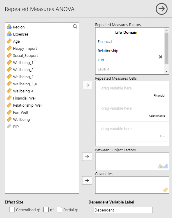 Repeated Measures ANOVA menu. The Repeated Measures Factors window now reads Life_Domain and has the levels below labeled Financial, Relationship, and Fun.