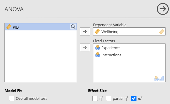 ANOVA menu. The variable Wellbeing is in the Dependent Variable window. The variables Experience and Instructions are in the Fixed Factors window. Under Effects Size, ω squared is selected.